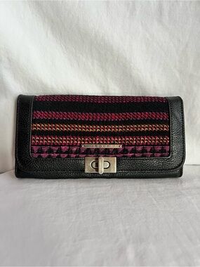 Vintage Roxy Wallet Black Leather Woven Stripe Clutch 7.5” Boho Y2K